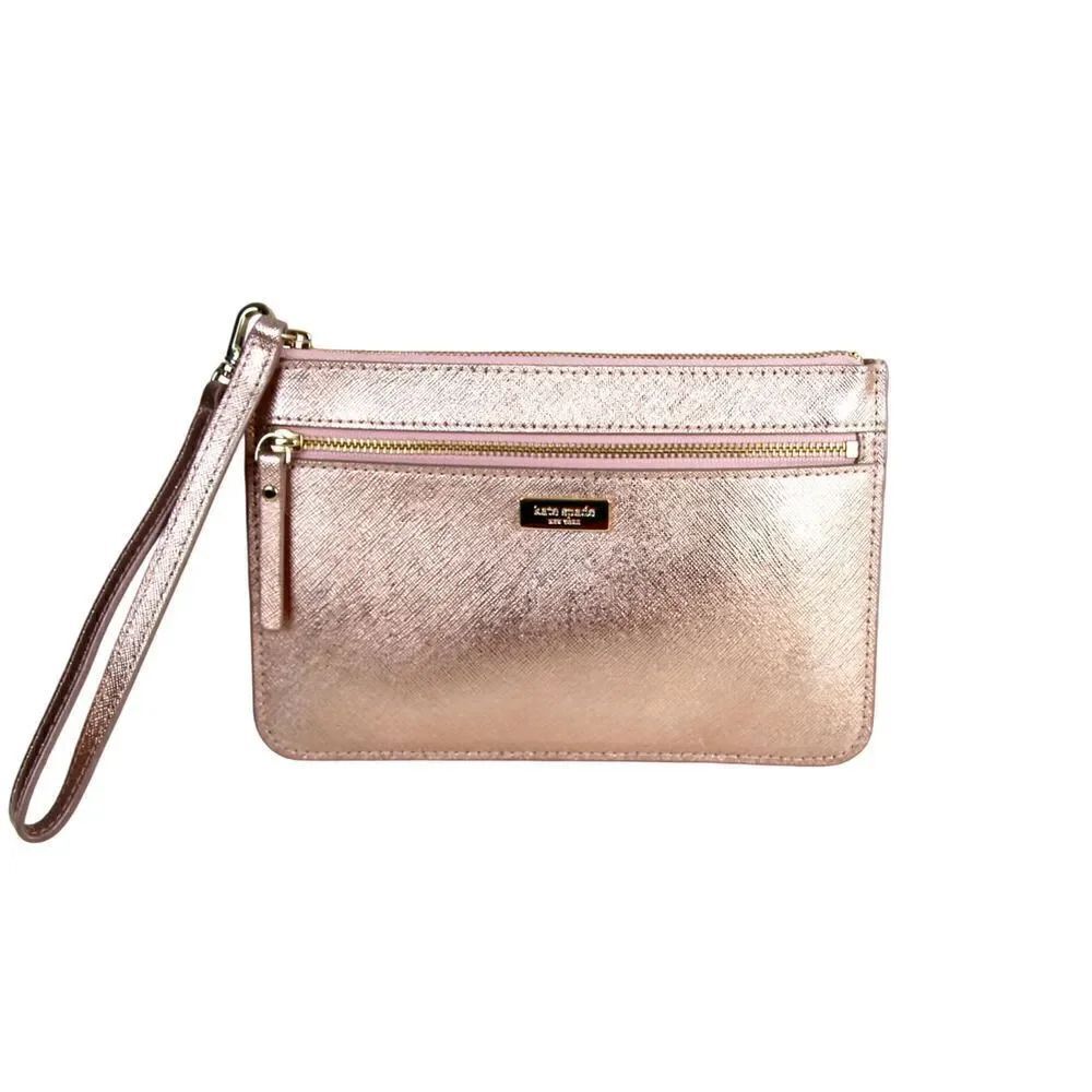 kate spade NY PINK GOLD GENUINE LEATHER ZIP TOP PURSE CLUTCH WALLET WRISTLET